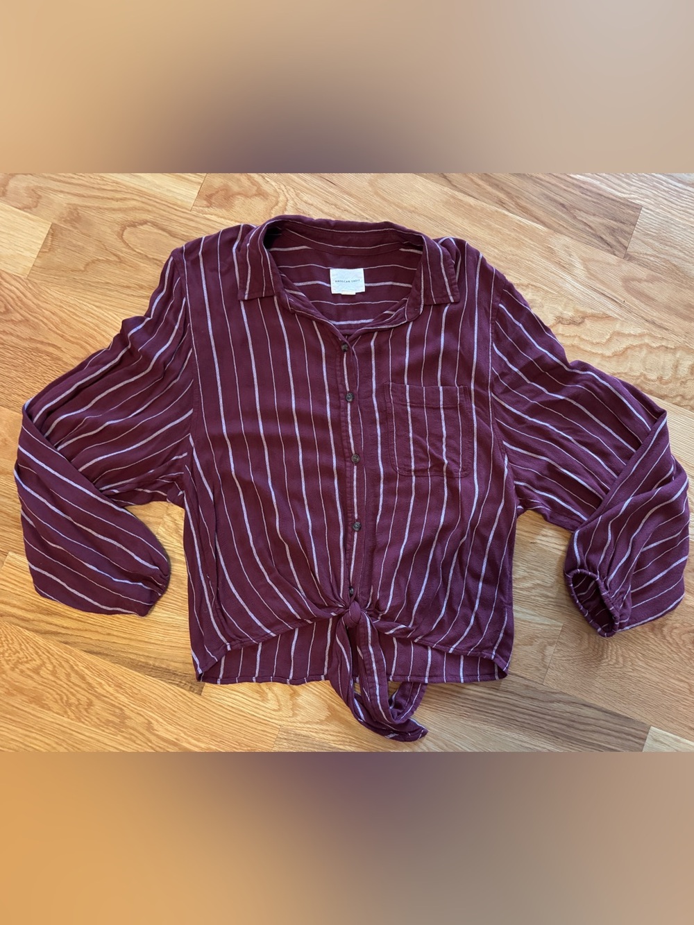 American Eagle Outfitters Burgundy Striped Tie-Front Button-Down